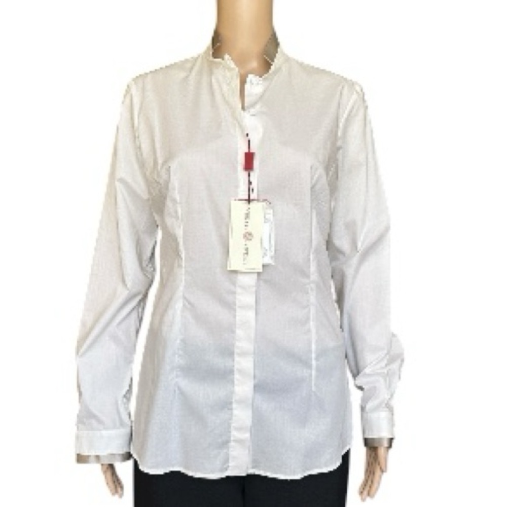Luciano Barbera White Cotton Button Down Shirt with Silk Satin Trim